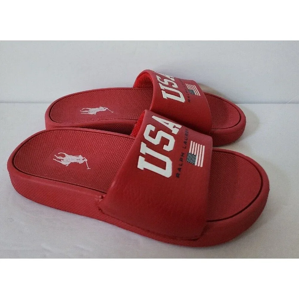 Polo Ralph Lauren IVER Slides Sandals Flag USA Eva Red Grade School Kids Size 11